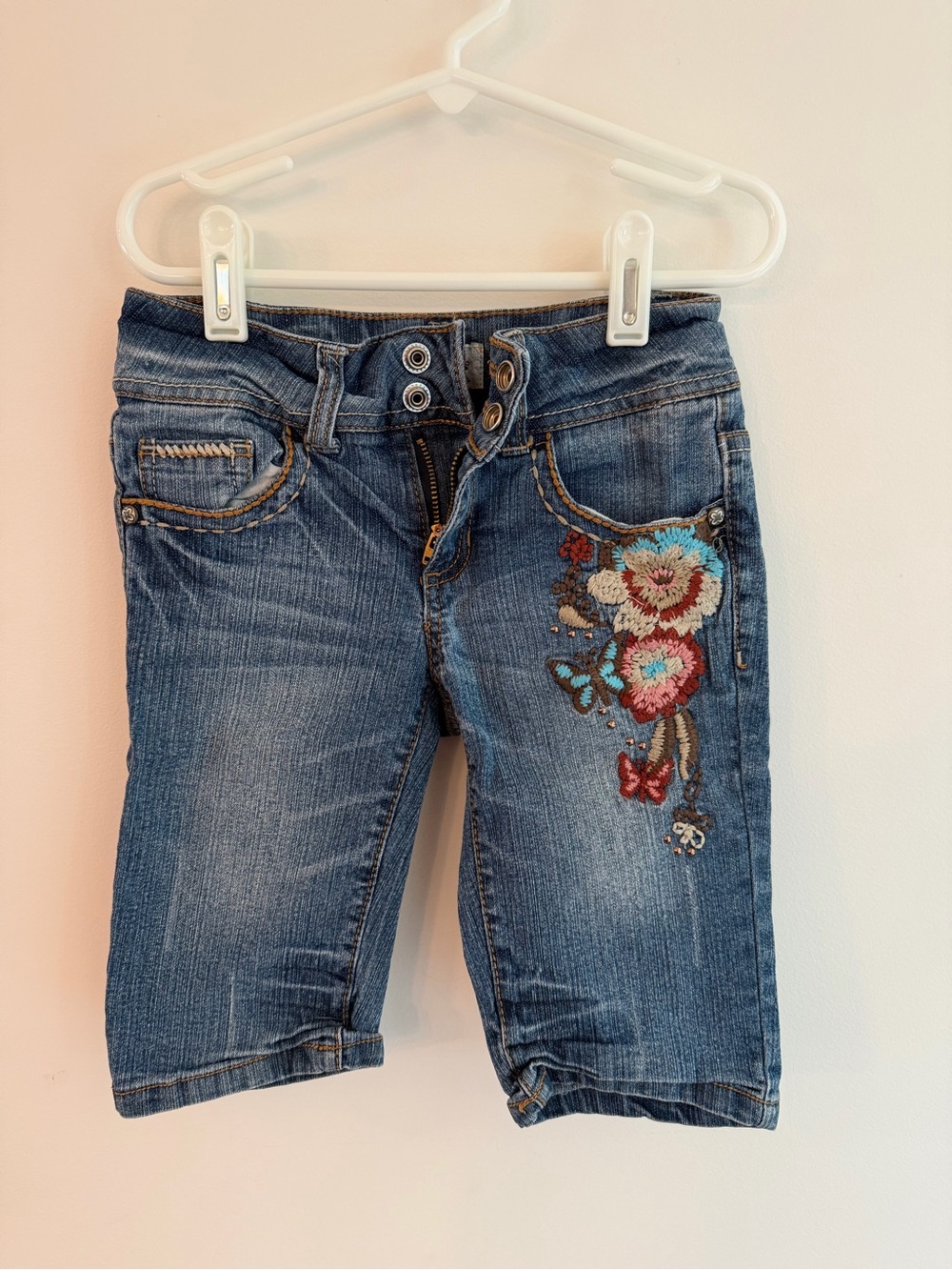 Mudd Blue Denim Shorts with Colorful Floral Embroidery